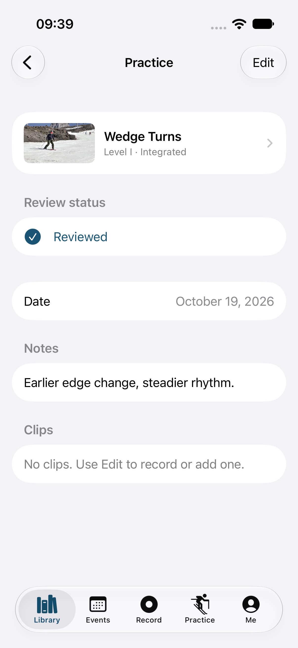 A saved practice entry with review status, date, and notes