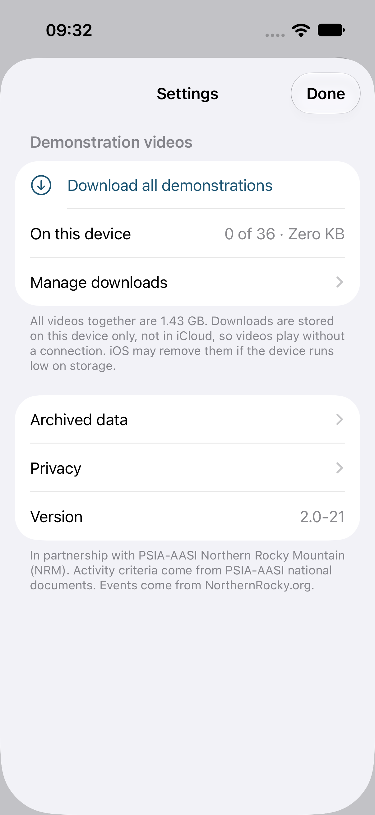 Settings with a button to download all demonstration videos